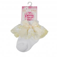 S115-WL: White Lace Socks w/Lemon Flower Trim & Bow (NB-18 Months)